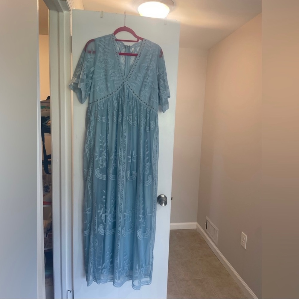 PinkBlush Blue Lace Mesh Overlay Maternity Maxi Dress